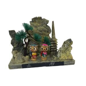 Japanese mini natural stone kokeshi doll couple, stone vintage figurine handmade
